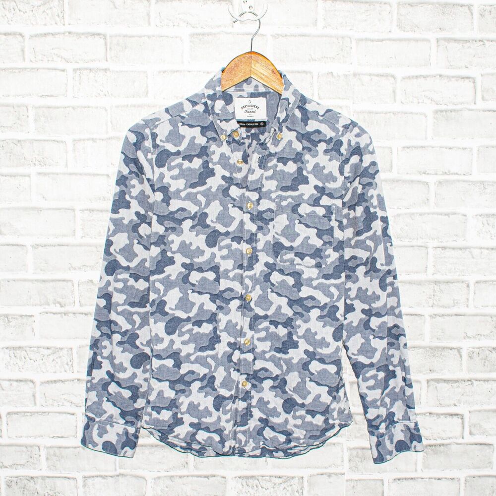 PORTUGUESE Flannel Blue Camo Button up Shirt Size Small